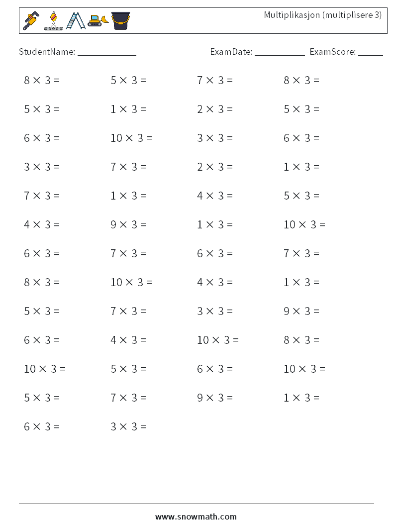 (50) Multiplikasjon (multiplisere 3) MathWorksheets 5