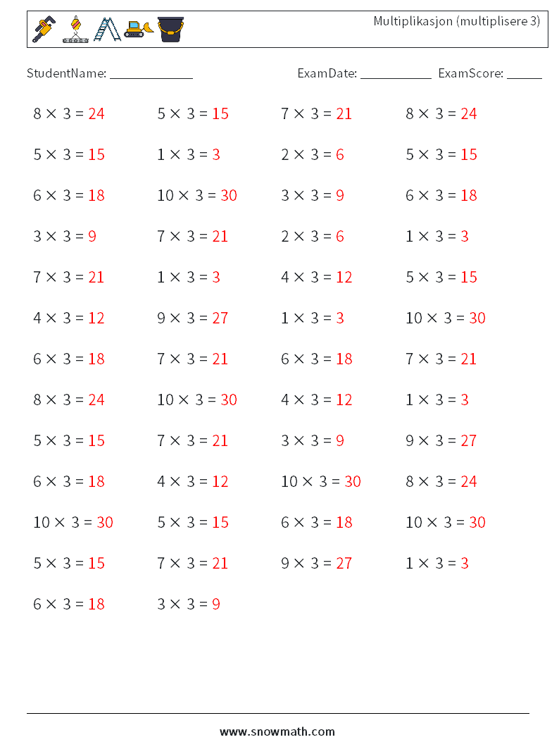 (50) Multiplikasjon (multiplisere 3) MathWorksheets 5 QuestionAnswer