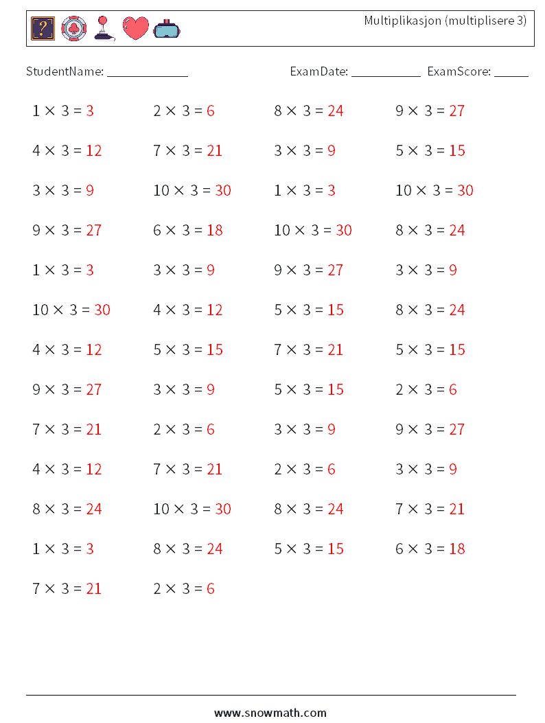 (50) Multiplikasjon (multiplisere 3) MathWorksheets 7 QuestionAnswer