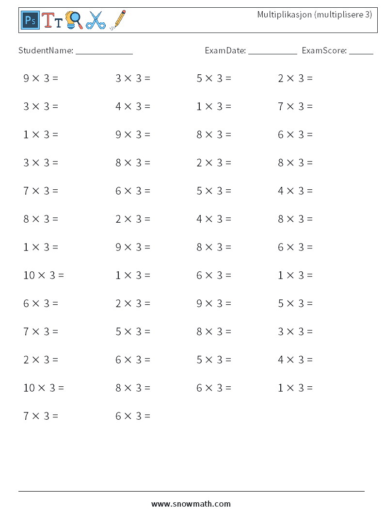 (50) Multiplikasjon (multiplisere 3) MathWorksheets 8