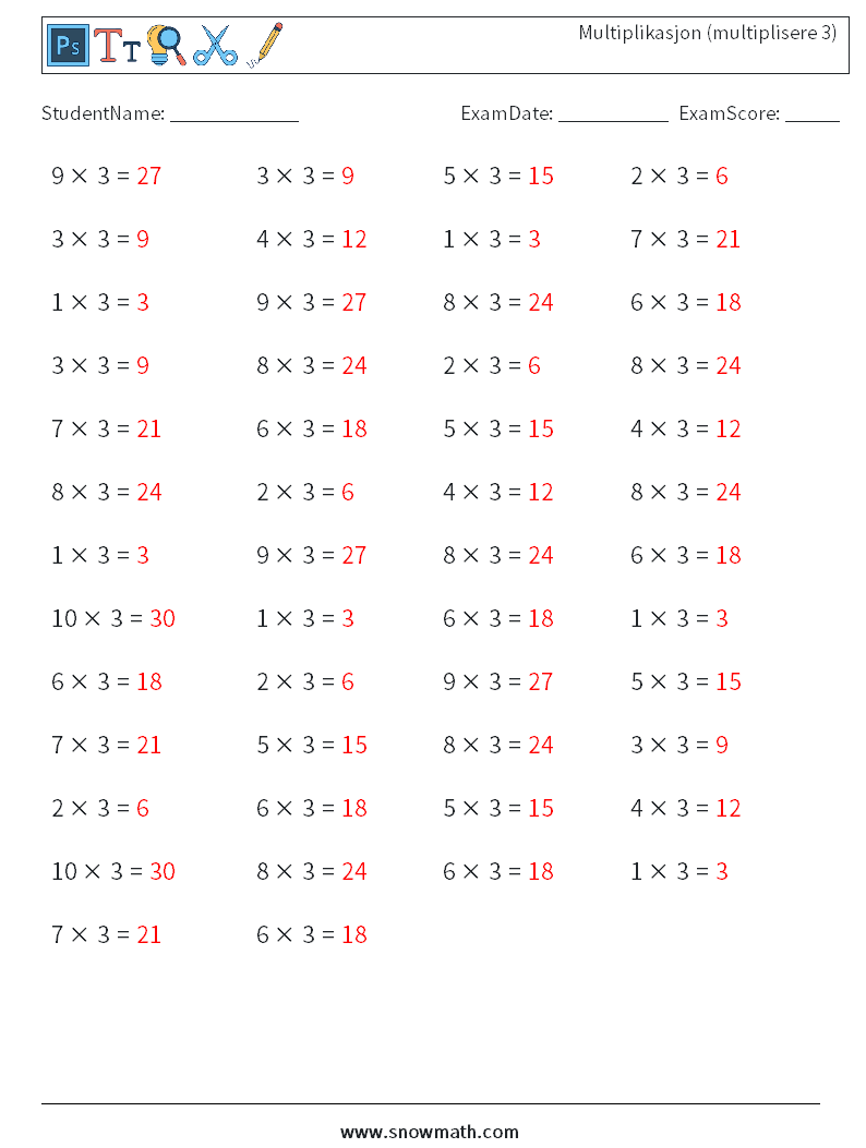 (50) Multiplikasjon (multiplisere 3) MathWorksheets 8 QuestionAnswer
