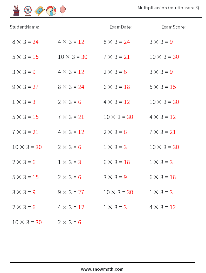 (50) Multiplikasjon (multiplisere 3) MathWorksheets 9 QuestionAnswer