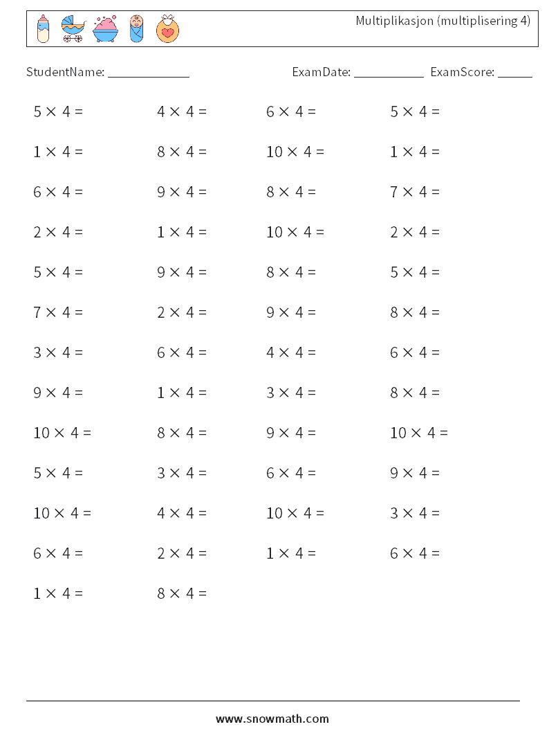 (50) Multiplikasjon (multiplisering 4) MathWorksheets 6