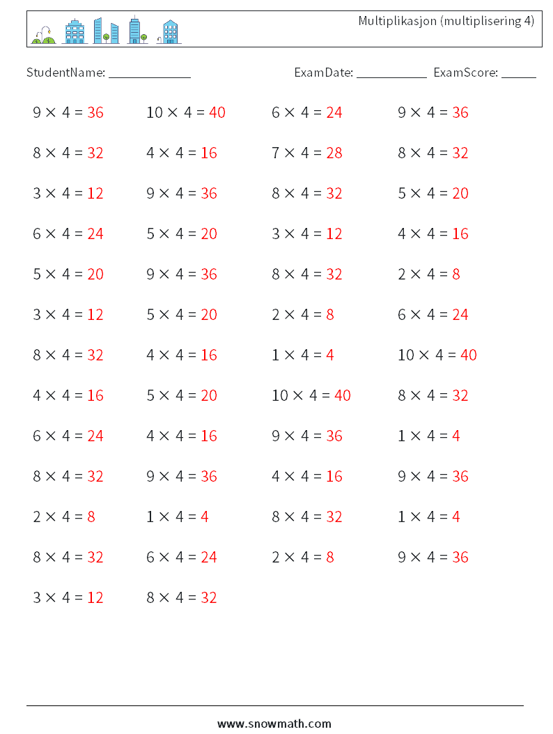 (50) Multiplikasjon (multiplisering 4) MathWorksheets 7 QuestionAnswer