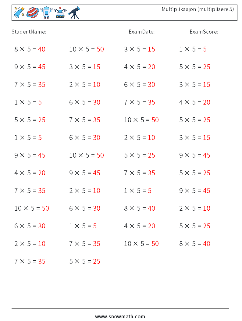 (50) Multiplikasjon (multiplisere 5) MathWorksheets 4 QuestionAnswer