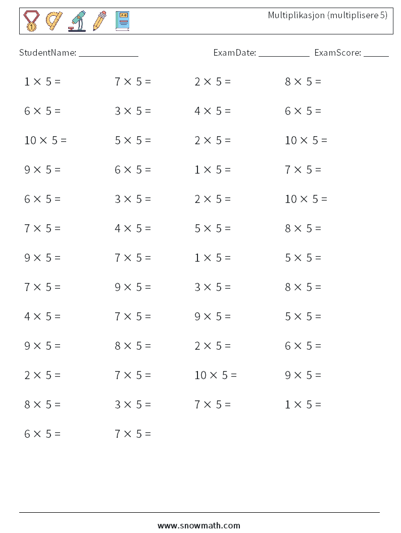 (50) Multiplikasjon (multiplisere 5) MathWorksheets 5