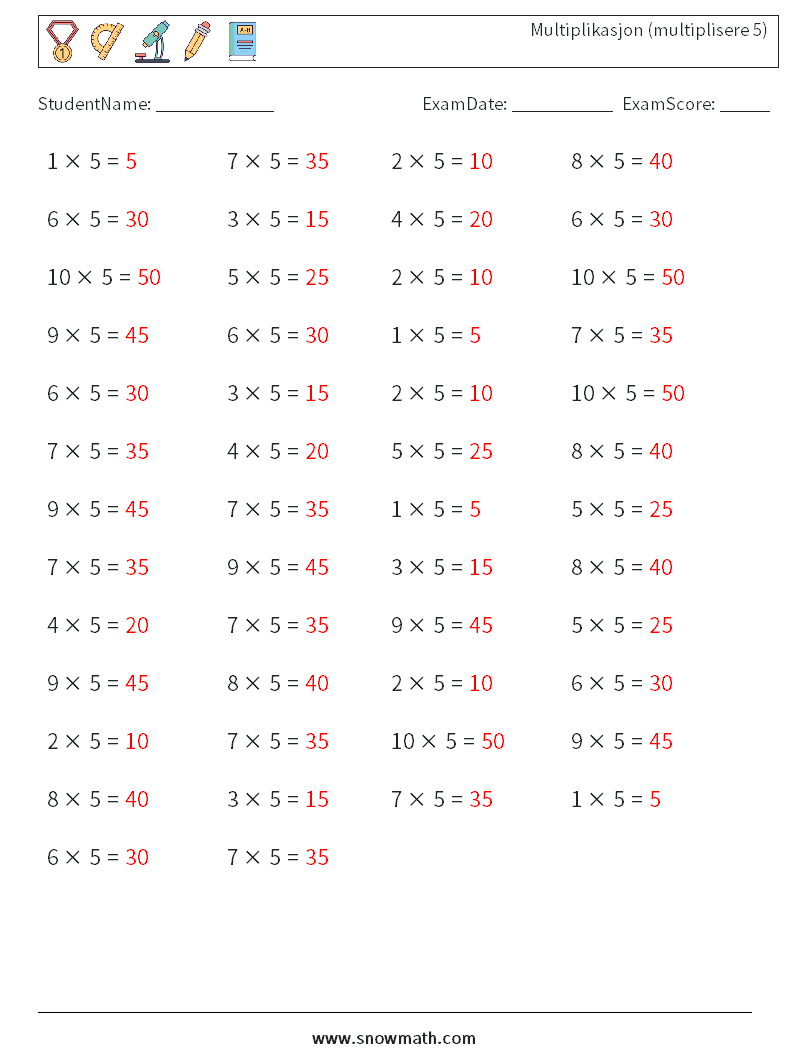 (50) Multiplikasjon (multiplisere 5) MathWorksheets 5 QuestionAnswer