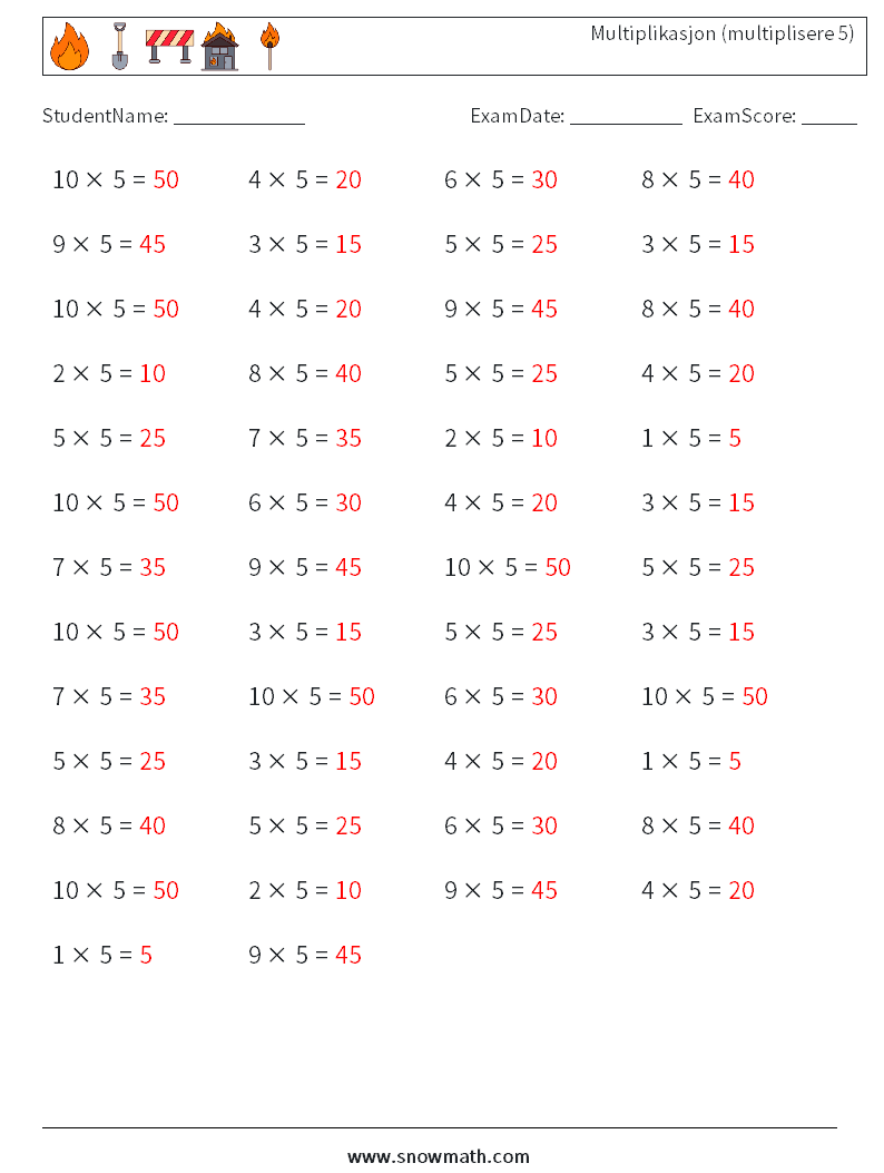 (50) Multiplikasjon (multiplisere 5) MathWorksheets 6 QuestionAnswer
