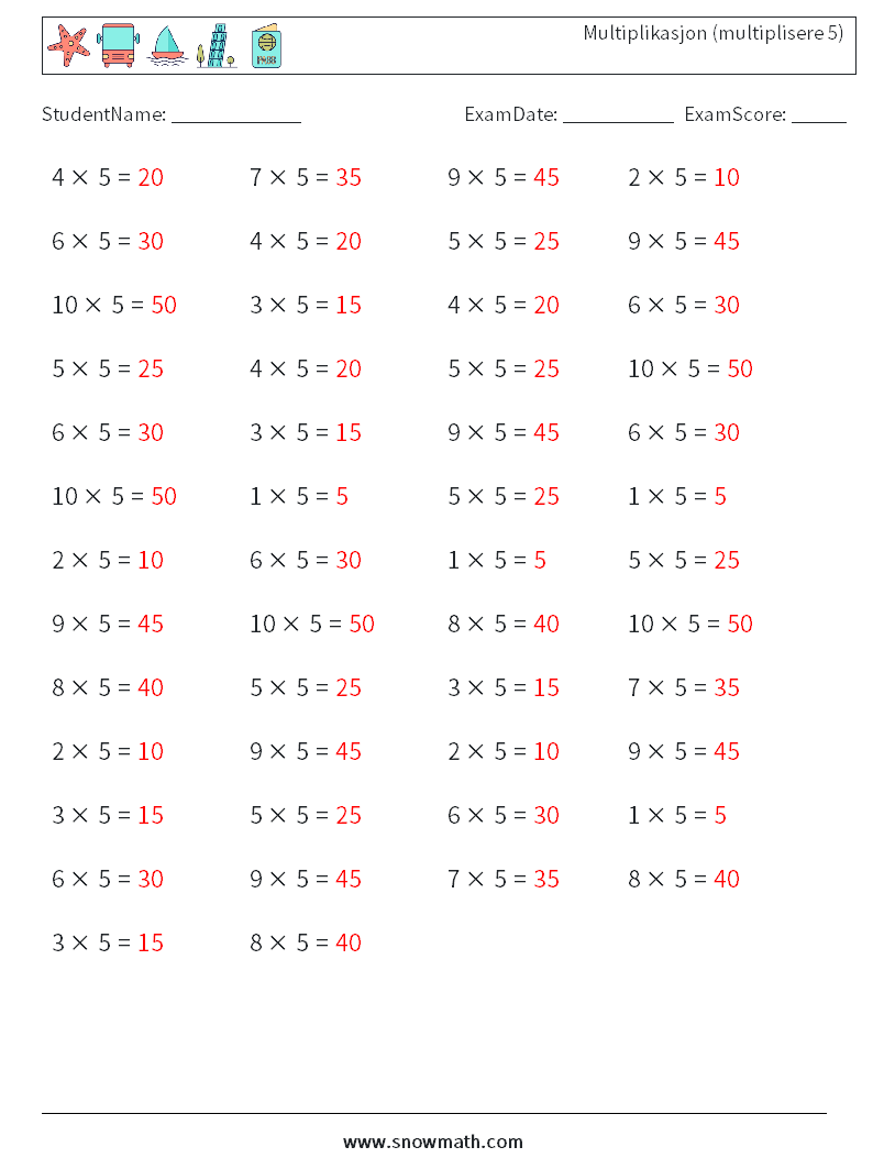 (50) Multiplikasjon (multiplisere 5) MathWorksheets 8 QuestionAnswer