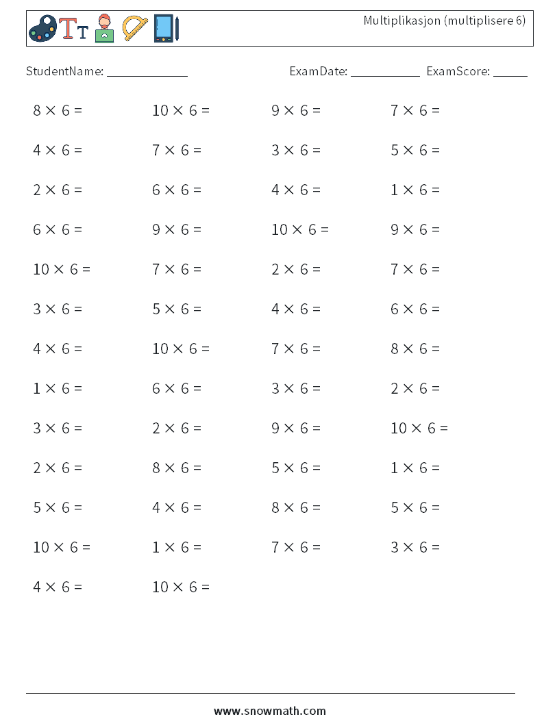 (50) Multiplikasjon (multiplisere 6) MathWorksheets 3