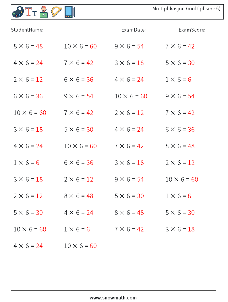 (50) Multiplikasjon (multiplisere 6) MathWorksheets 3 QuestionAnswer