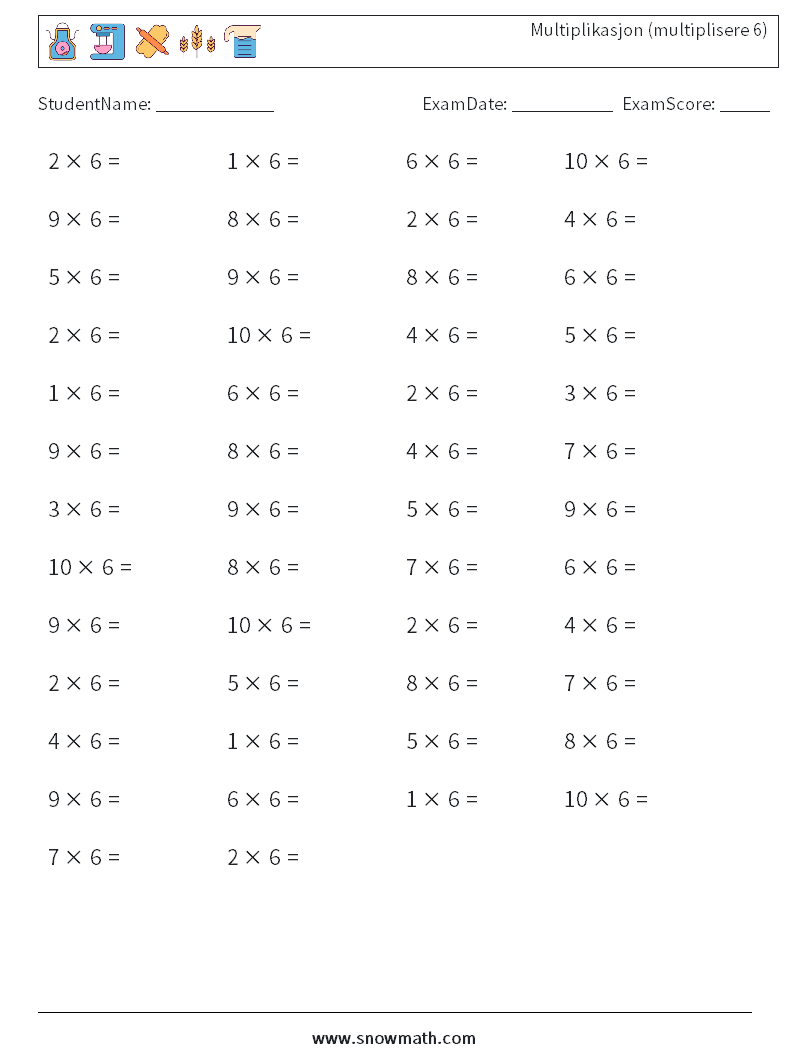 (50) Multiplikasjon (multiplisere 6) MathWorksheets 4