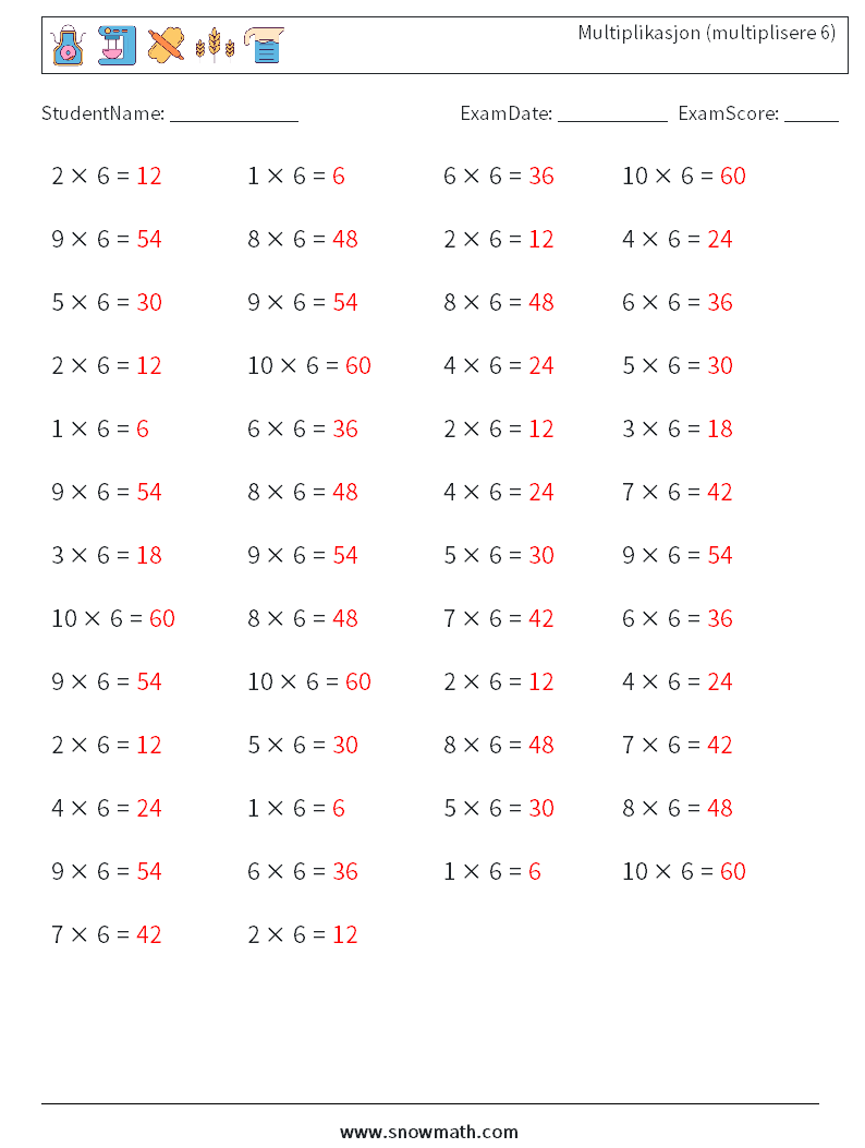 (50) Multiplikasjon (multiplisere 6) MathWorksheets 4 QuestionAnswer