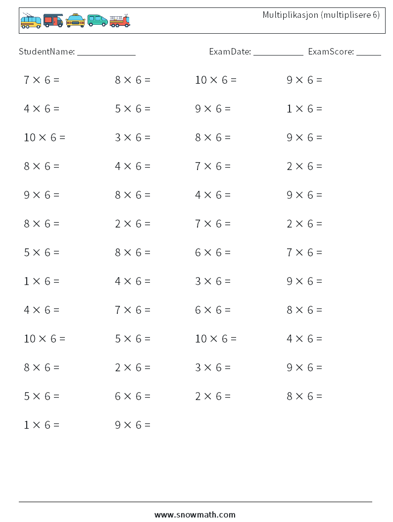 (50) Multiplikasjon (multiplisere 6) MathWorksheets 6