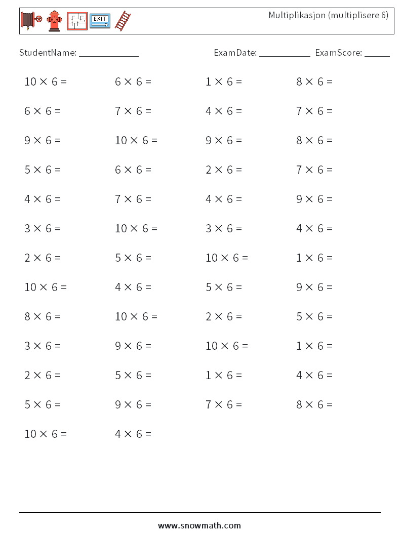 (50) Multiplikasjon (multiplisere 6) MathWorksheets 8