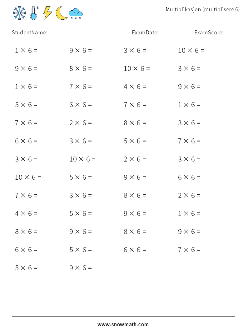 (50) Multiplikasjon (multiplisere 6) MathWorksheets 9