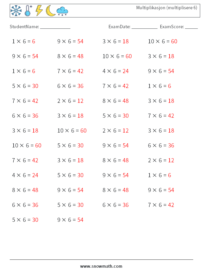 (50) Multiplikasjon (multiplisere 6) MathWorksheets 9 QuestionAnswer