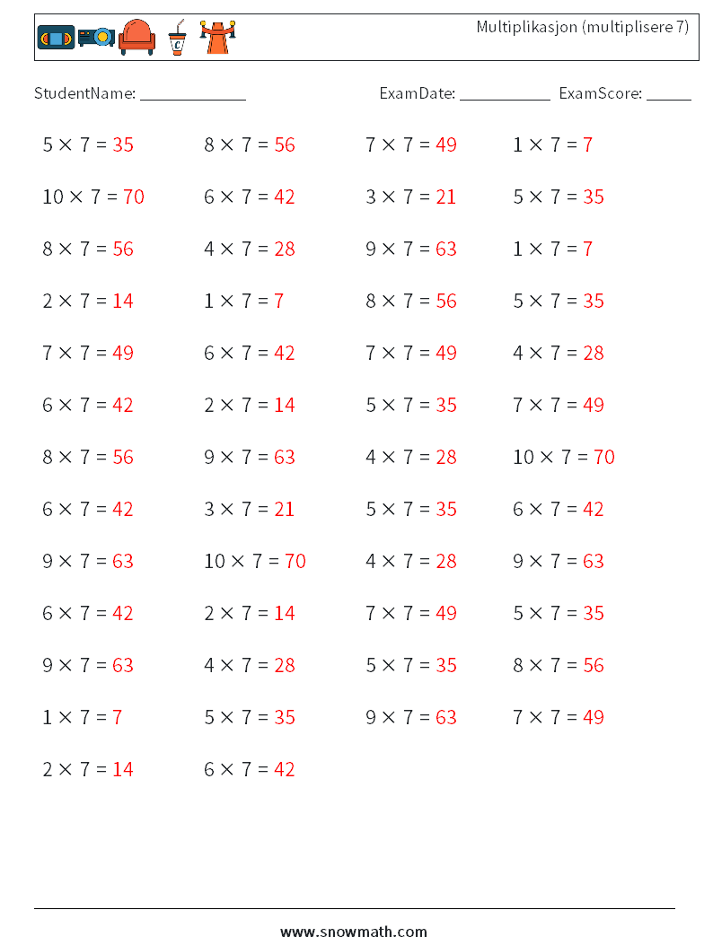 (50) Multiplikasjon (multiplisere 7) MathWorksheets 1 QuestionAnswer