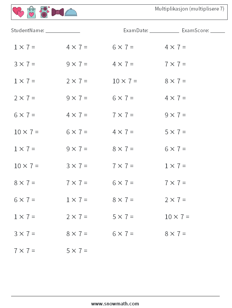 (50) Multiplikasjon (multiplisere 7) MathWorksheets 2
