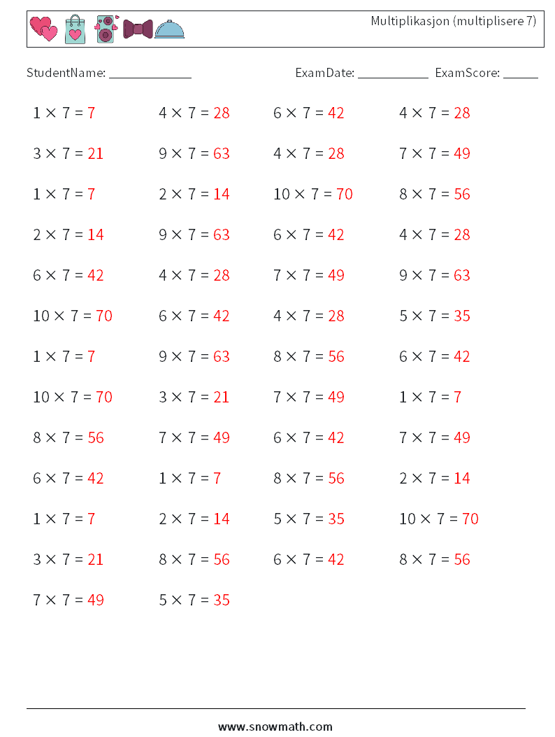 (50) Multiplikasjon (multiplisere 7) MathWorksheets 2 QuestionAnswer