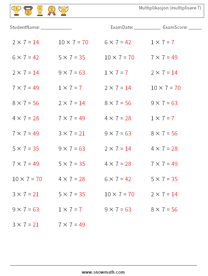 (50) Multiplikasjon (multiplisere 7) MathWorksheets 3 QuestionAnswer