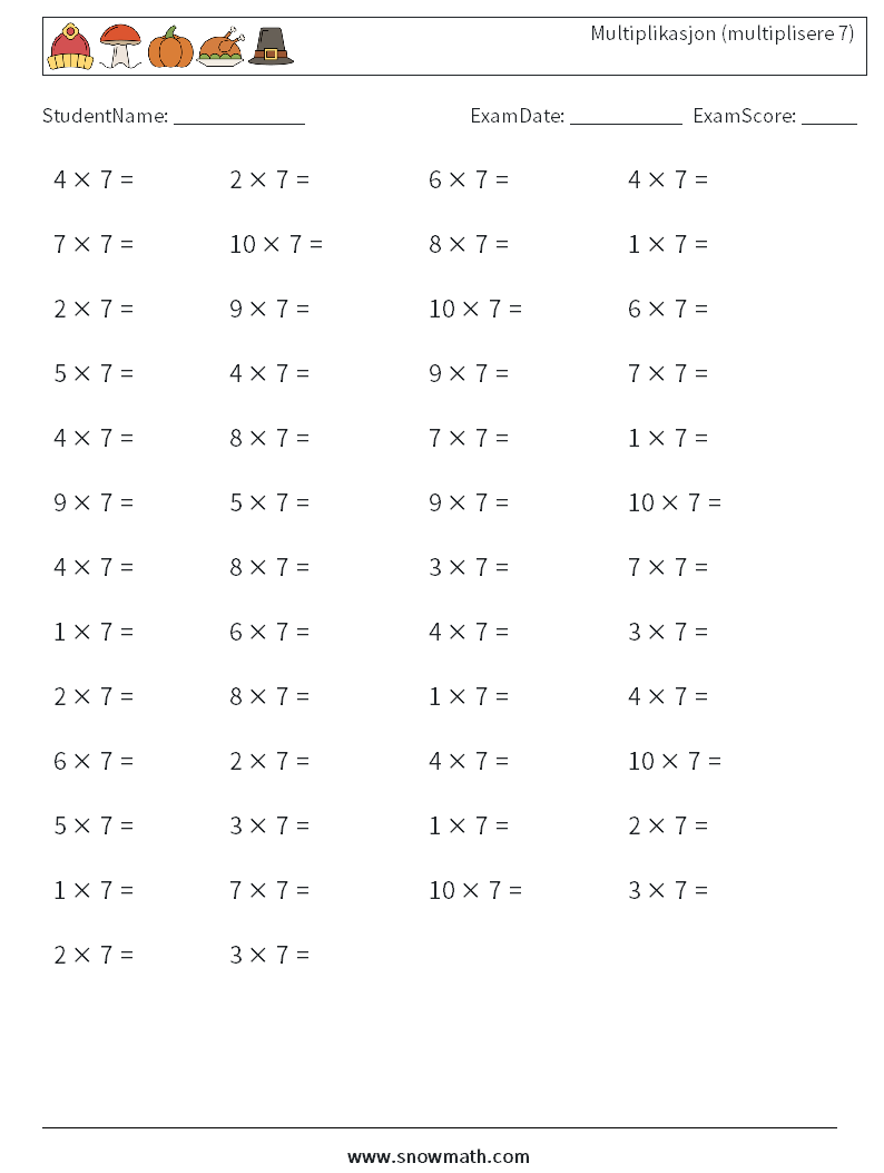 (50) Multiplikasjon (multiplisere 7) MathWorksheets 4