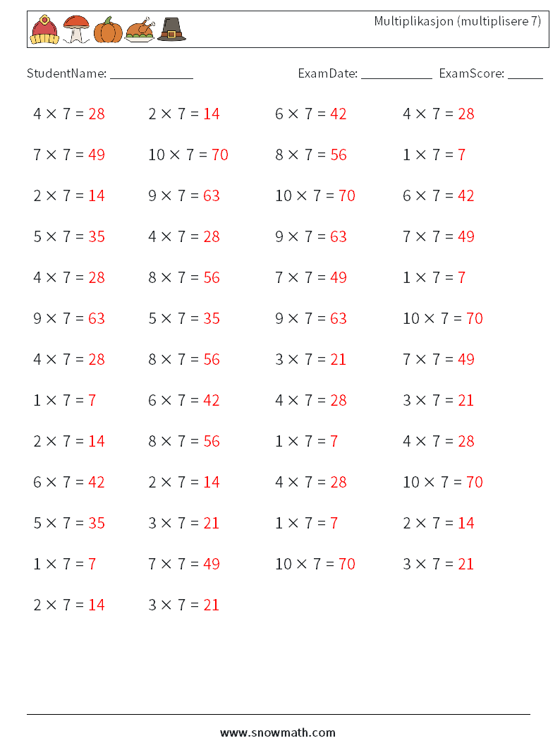 (50) Multiplikasjon (multiplisere 7) MathWorksheets 4 QuestionAnswer