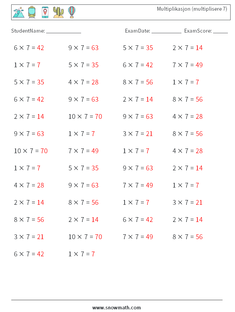 (50) Multiplikasjon (multiplisere 7) MathWorksheets 5 QuestionAnswer