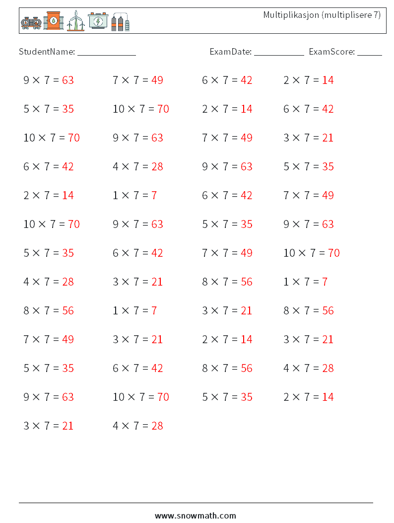 (50) Multiplikasjon (multiplisere 7) MathWorksheets 7 QuestionAnswer