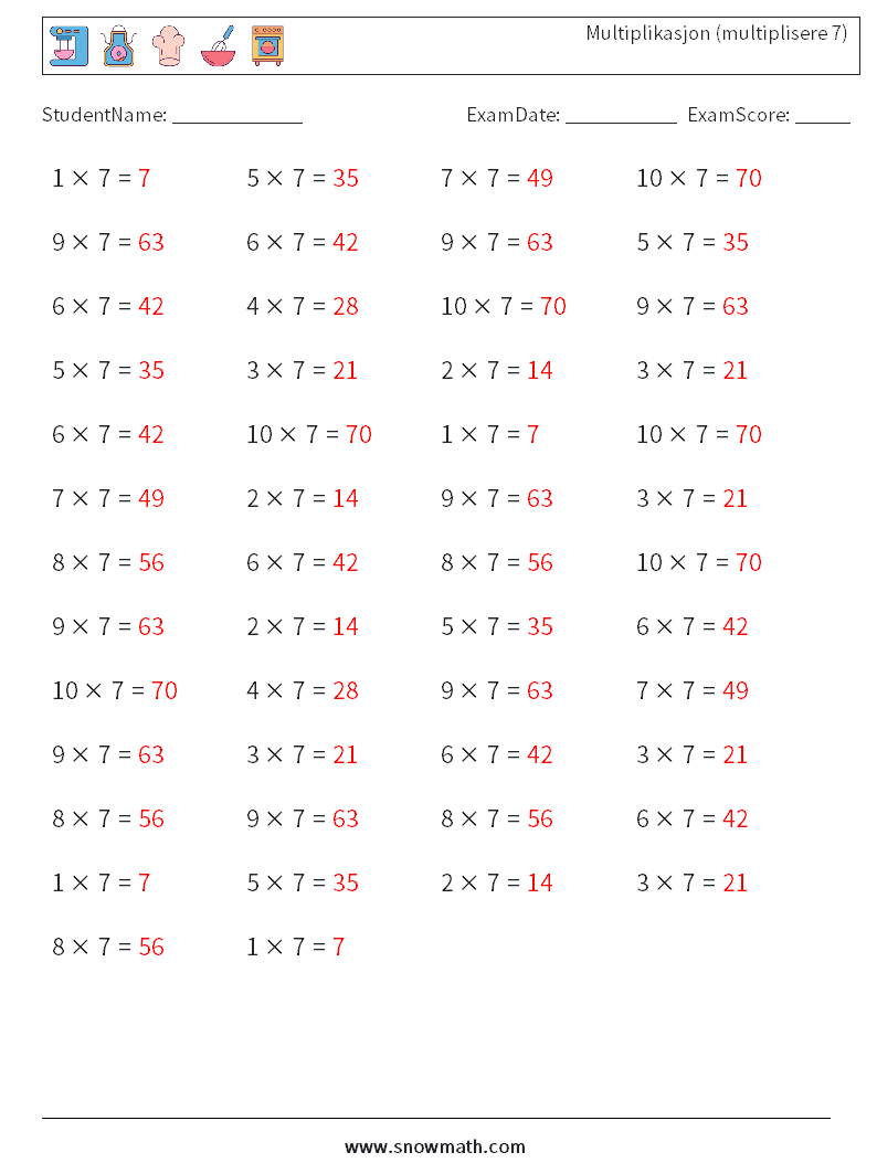 (50) Multiplikasjon (multiplisere 7) MathWorksheets 8 QuestionAnswer