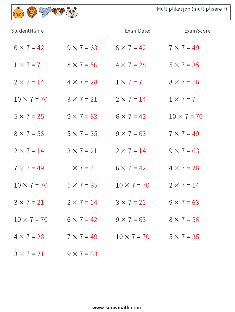(50) Multiplikasjon (multiplisere 7) MathWorksheets 9 QuestionAnswer