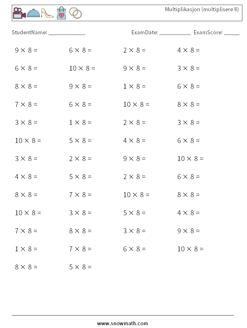 (50) Multiplikasjon (multiplisere 8) MathWorksheets 1