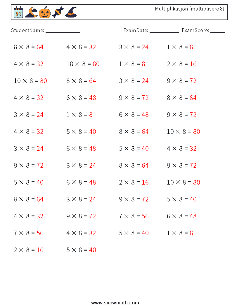 (50) Multiplikasjon (multiplisere 8) MathWorksheets 4 QuestionAnswer