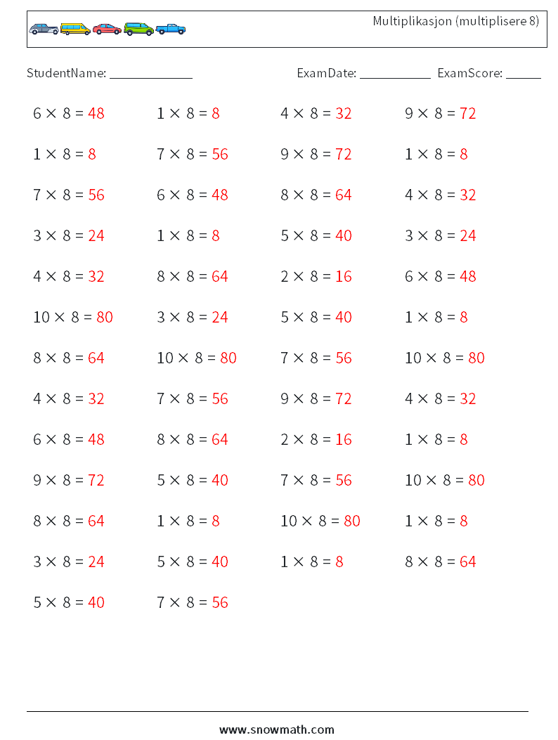 (50) Multiplikasjon (multiplisere 8) MathWorksheets 5 QuestionAnswer