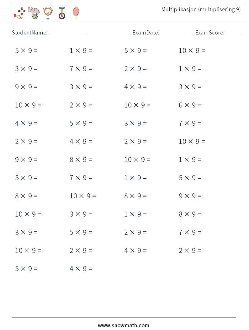 (50) Multiplikasjon (multiplisering 9) MathWorksheets 1