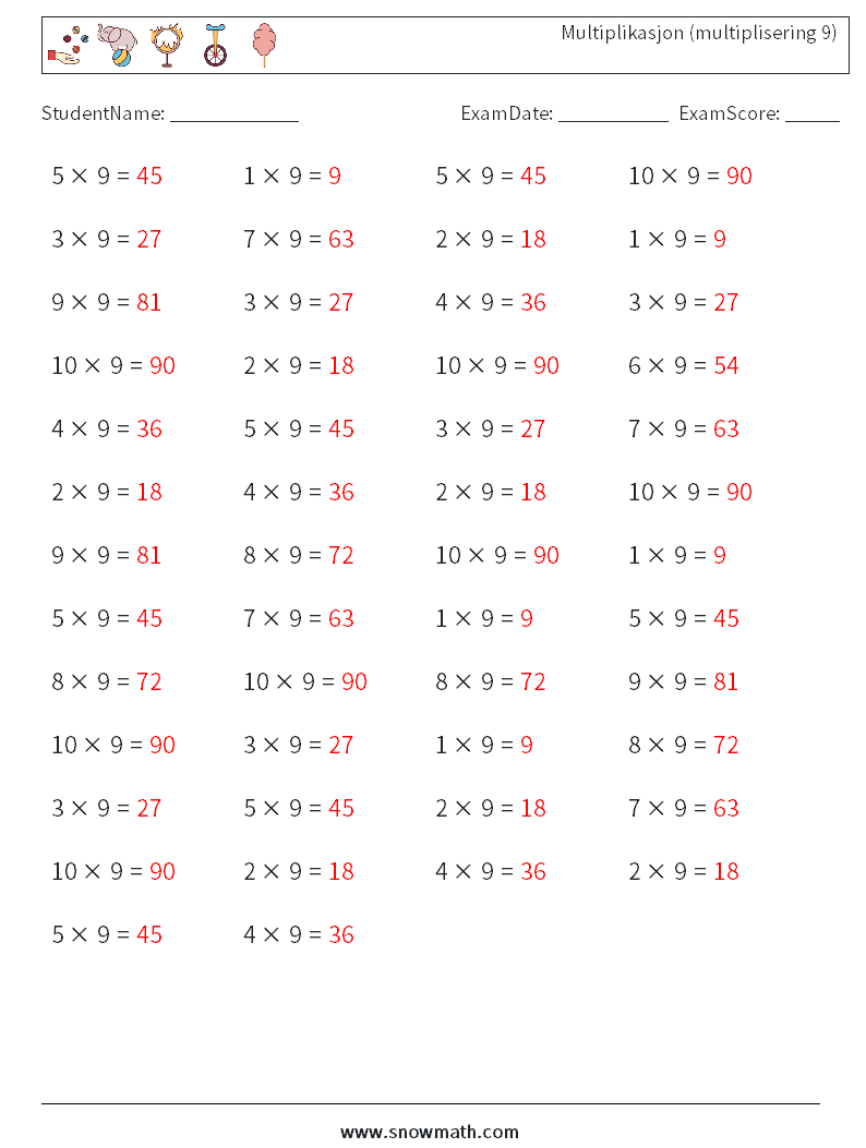 (50) Multiplikasjon (multiplisering 9) MathWorksheets 1 QuestionAnswer