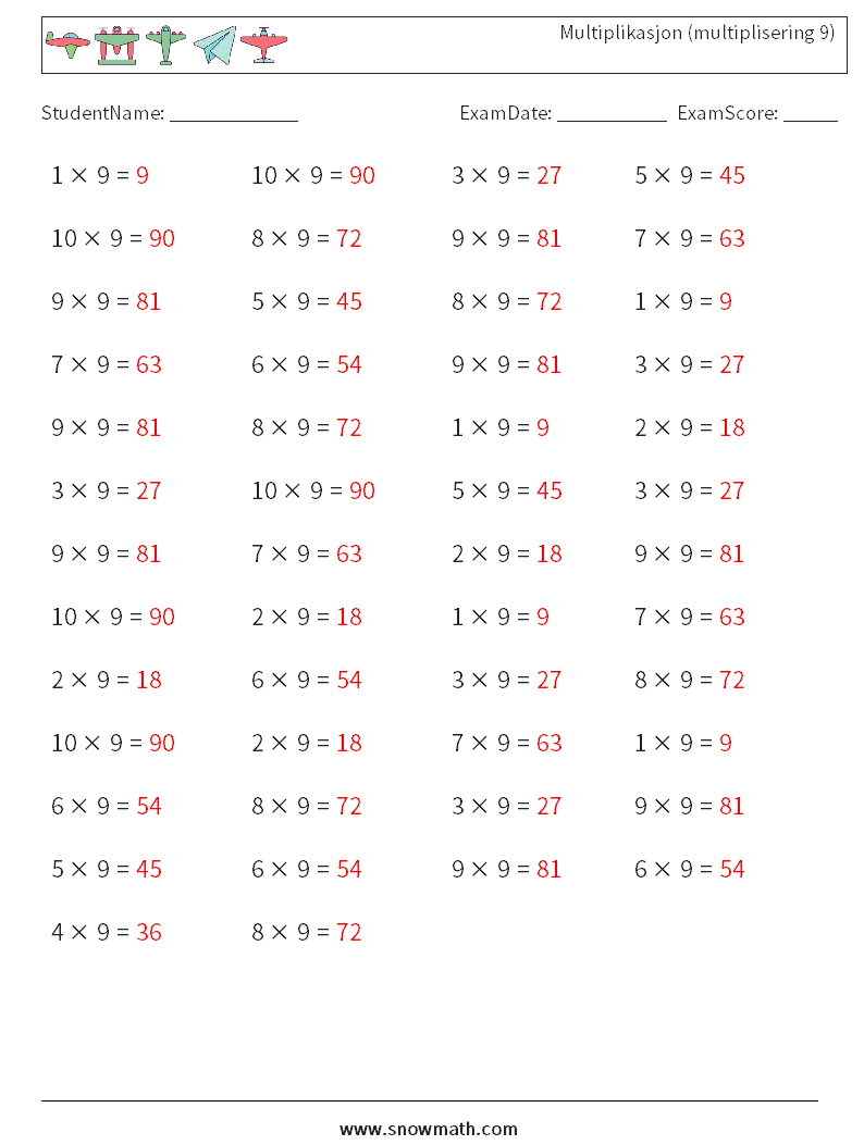 (50) Multiplikasjon (multiplisering 9) MathWorksheets 2 QuestionAnswer