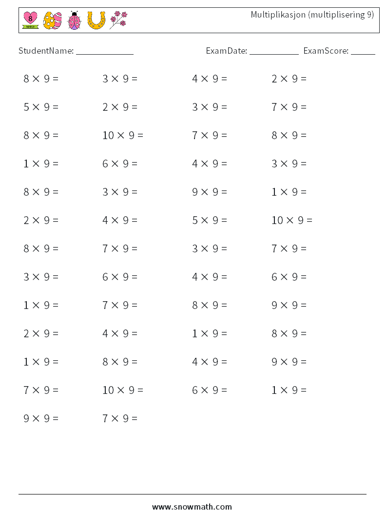 (50) Multiplikasjon (multiplisering 9) MathWorksheets 3