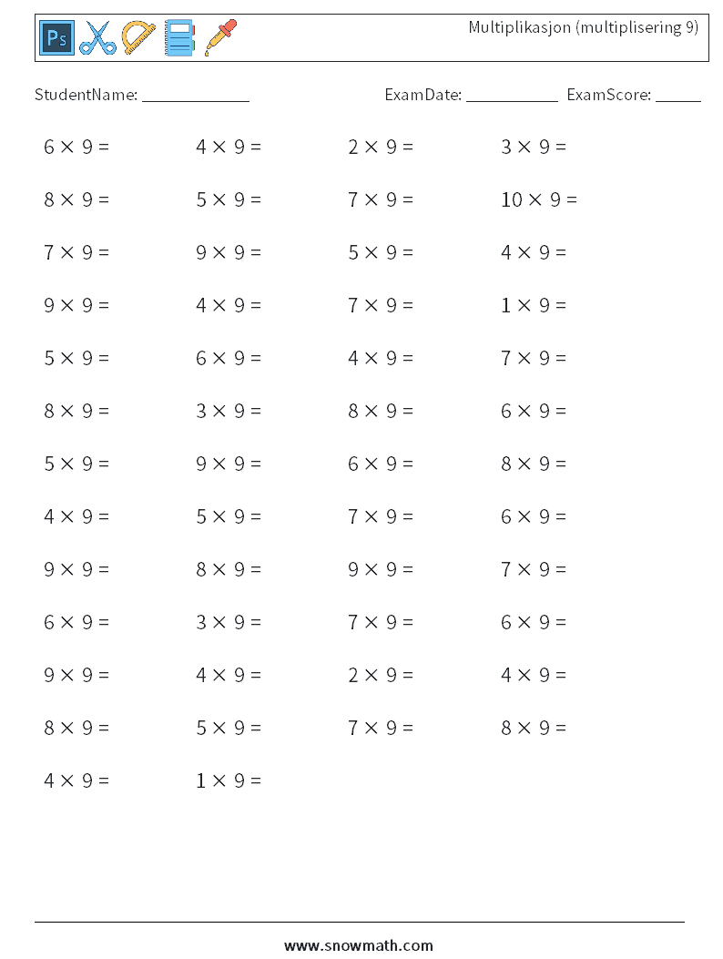 (50) Multiplikasjon (multiplisering 9) MathWorksheets 5