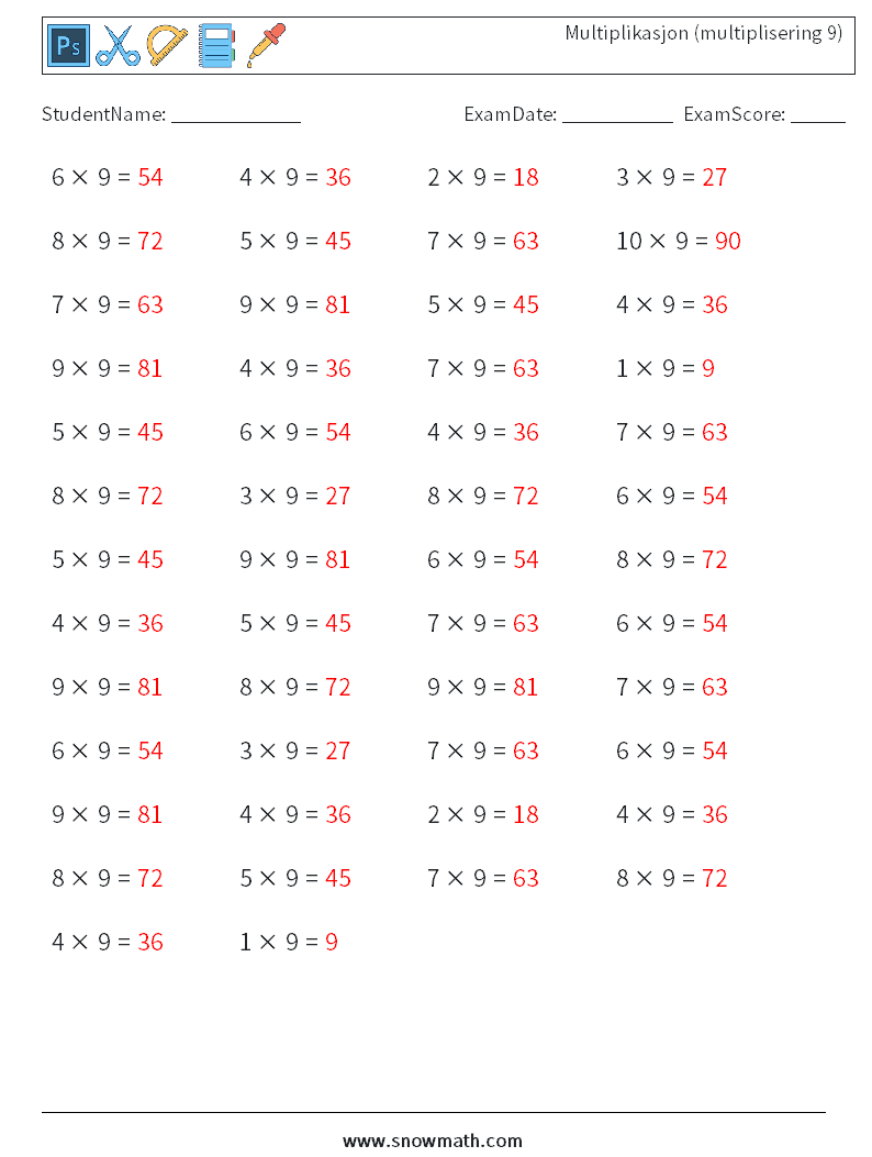 (50) Multiplikasjon (multiplisering 9) MathWorksheets 5 QuestionAnswer