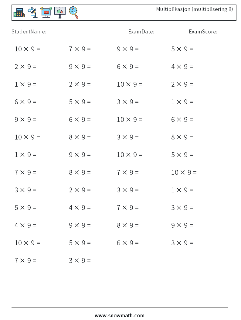 (50) Multiplikasjon (multiplisering 9) MathWorksheets 9