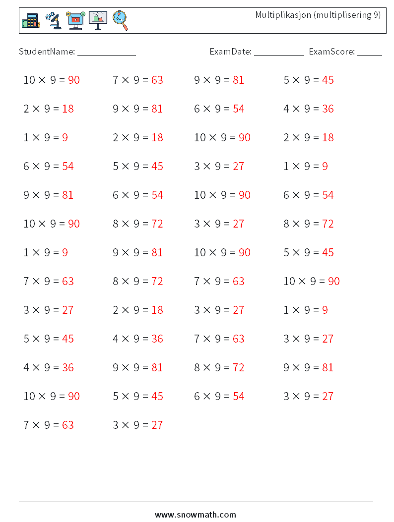 (50) Multiplikasjon (multiplisering 9) MathWorksheets 9 QuestionAnswer