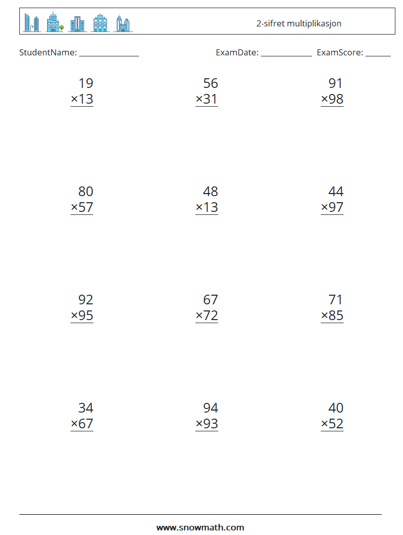 (12) 2-sifret multiplikasjon MathWorksheets 10