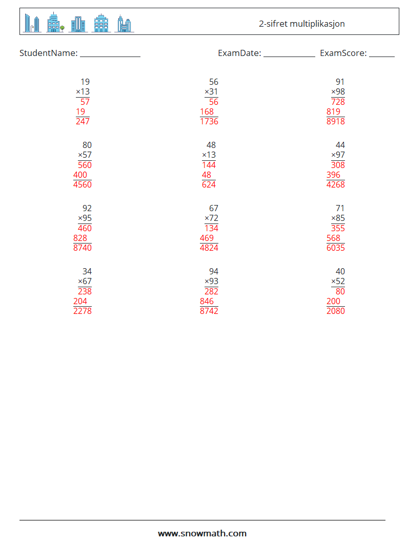 (12) 2-sifret multiplikasjon MathWorksheets 10 QuestionAnswer