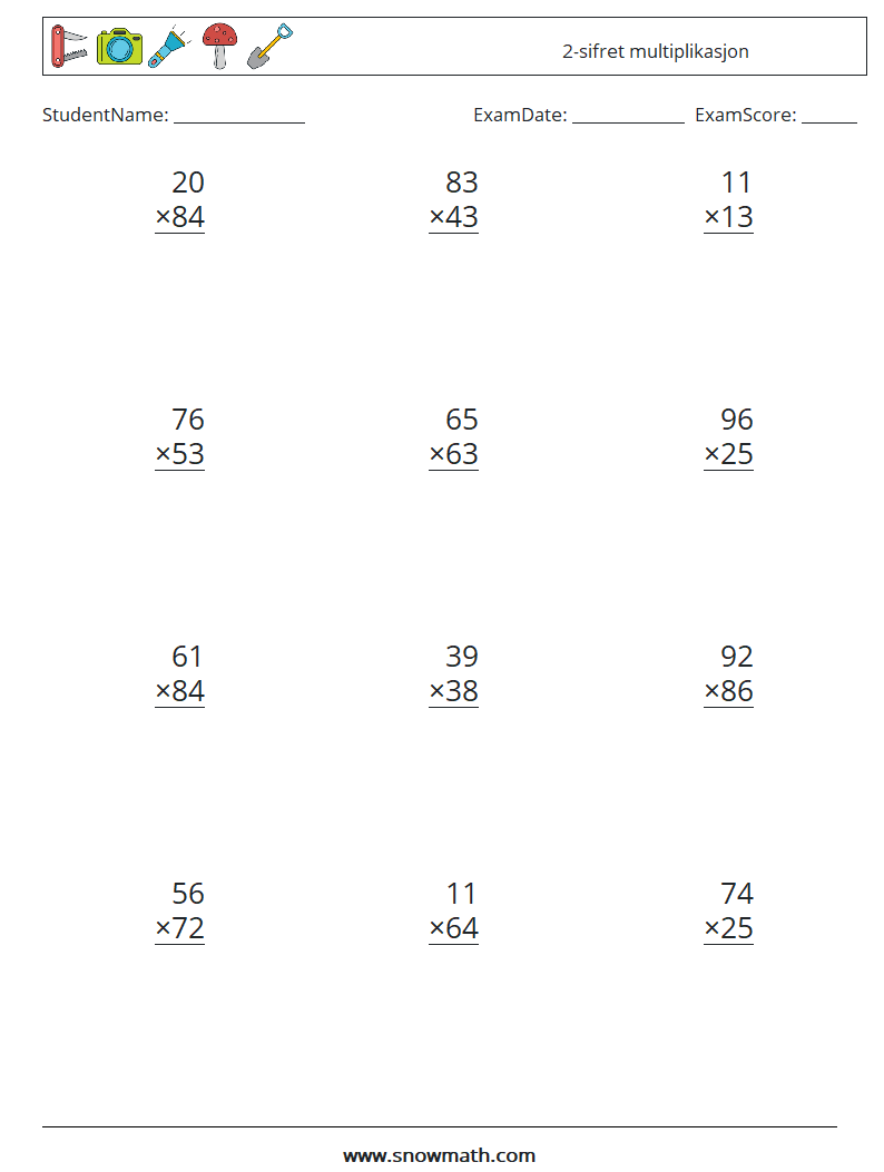 (12) 2-sifret multiplikasjon MathWorksheets 11