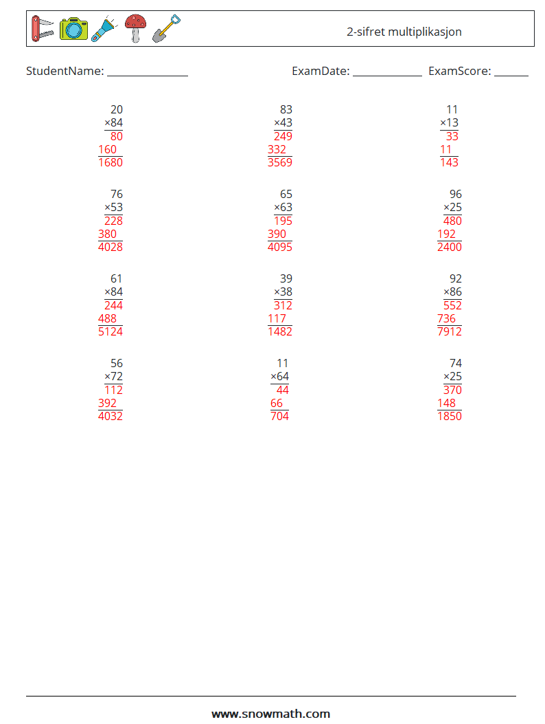 (12) 2-sifret multiplikasjon MathWorksheets 11 QuestionAnswer