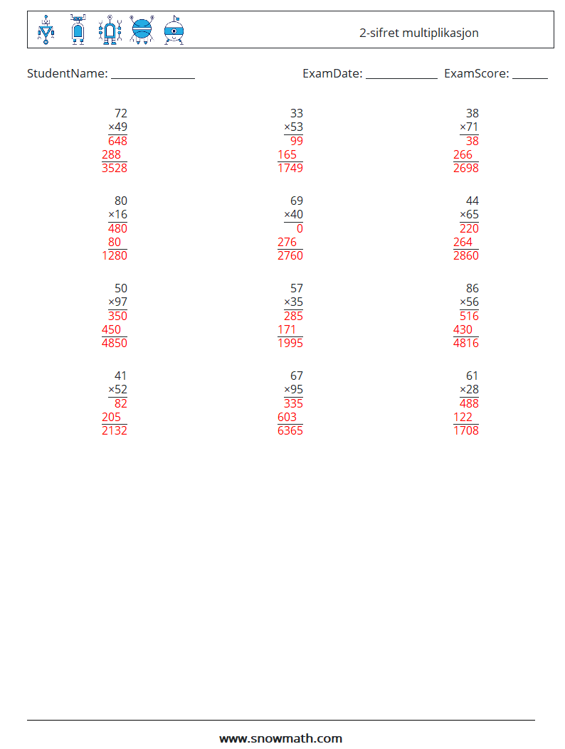 (12) 2-sifret multiplikasjon MathWorksheets 12 QuestionAnswer