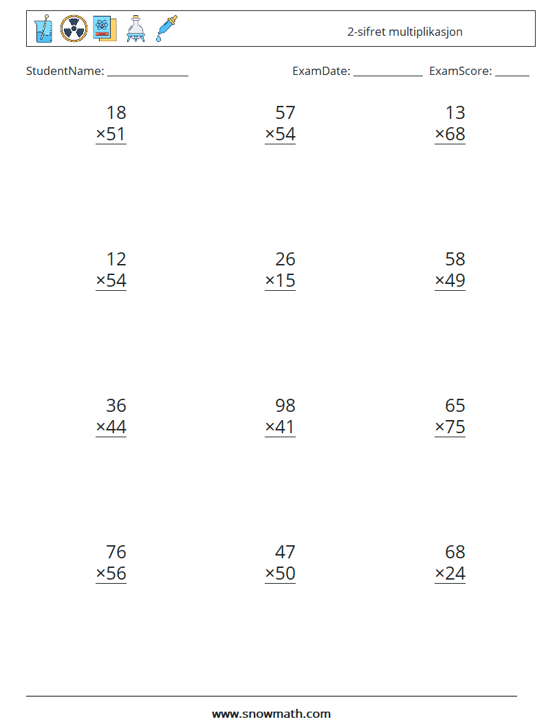 (12) 2-sifret multiplikasjon MathWorksheets 13