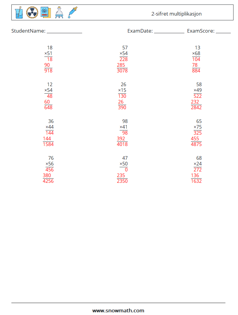 (12) 2-sifret multiplikasjon MathWorksheets 13 QuestionAnswer