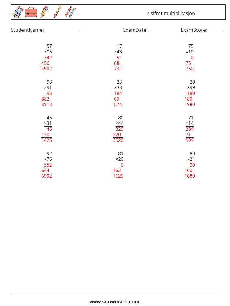 (12) 2-sifret multiplikasjon MathWorksheets 14 QuestionAnswer